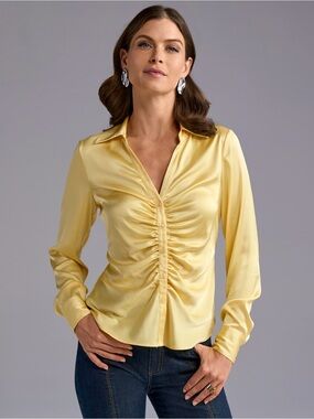 Boston Proper Jessie Charmeuse Ruched Center Front Button Up Shirt